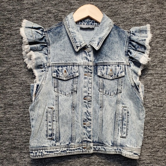 blue b. Jackets & Blazers - Blue B Denim Vest Women Small Light Wash Ruffle Frayed Acid Wash Jean Sleeveless